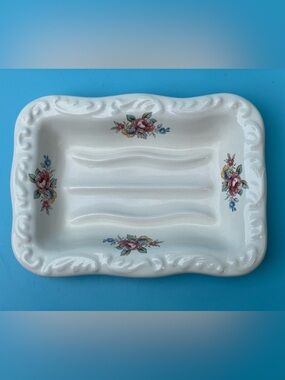 Vintage Athena Soap Dish White Ceramic Floral Pink Yellow Made USA Cottagecore